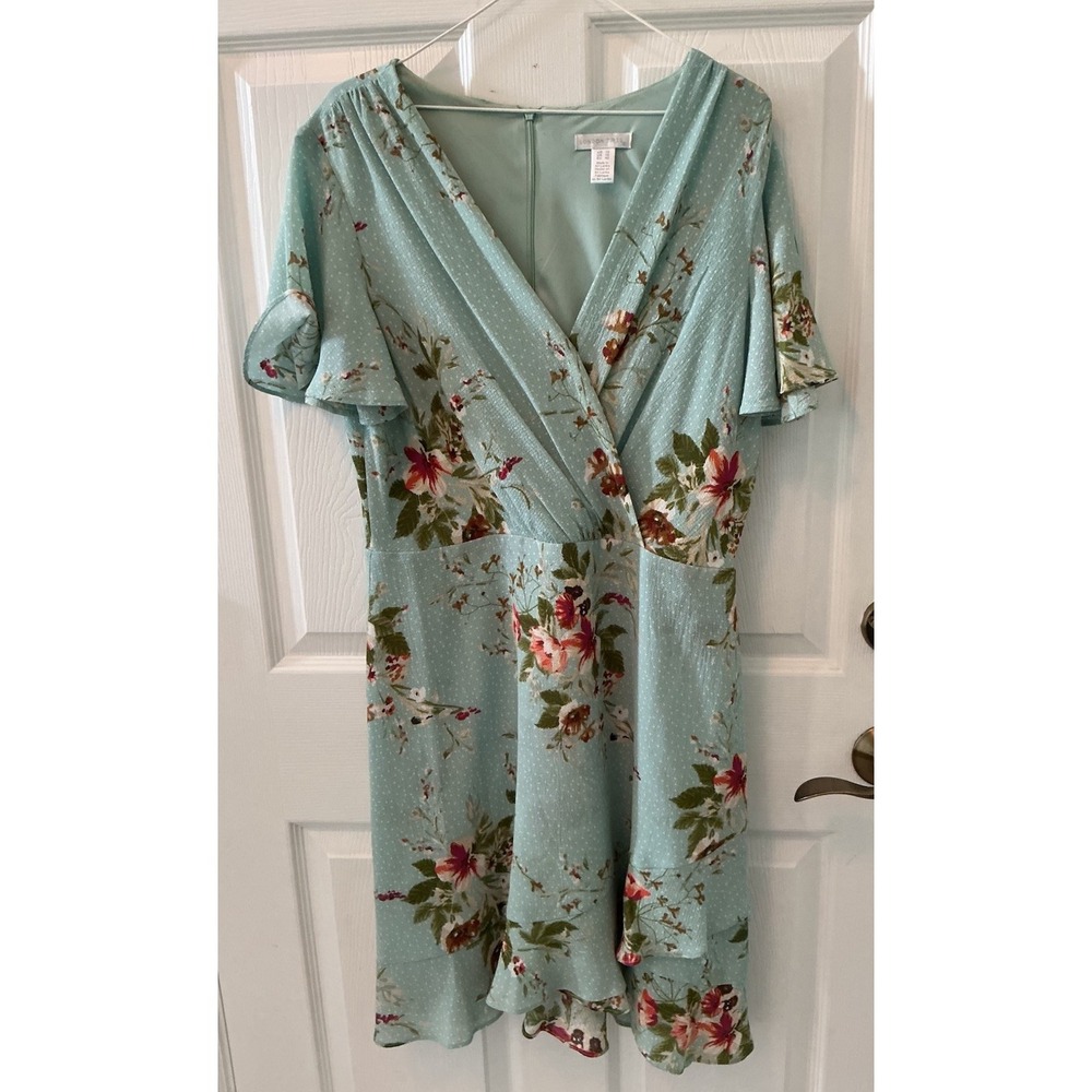 London Times Floral Dress US 12 Blue Wrap Flutter Sleeve Midi Fit & Flare